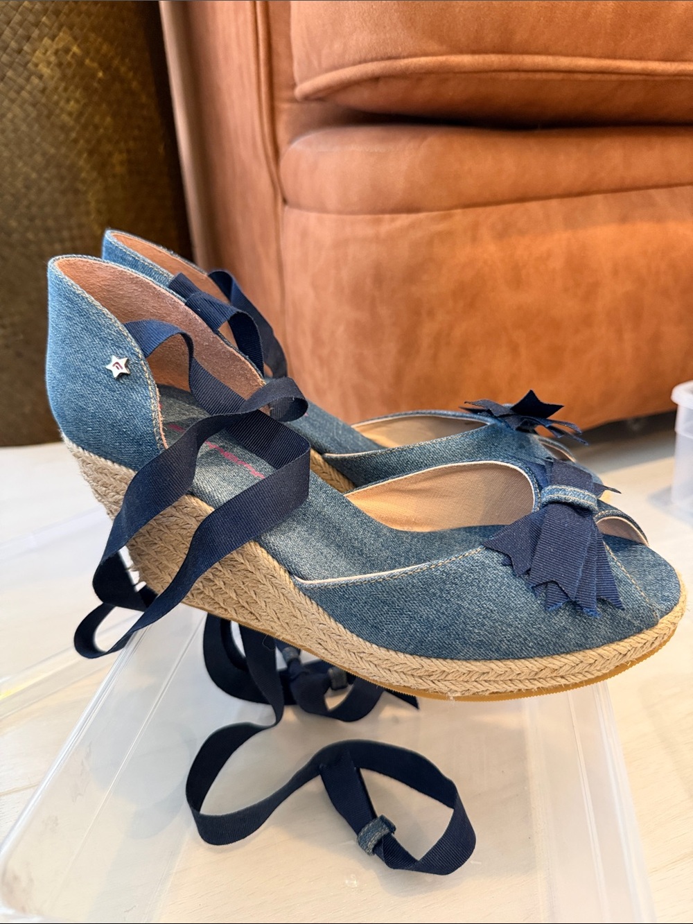 Denim Espadrille Wedge Sandals with Navy Ribbon Detail